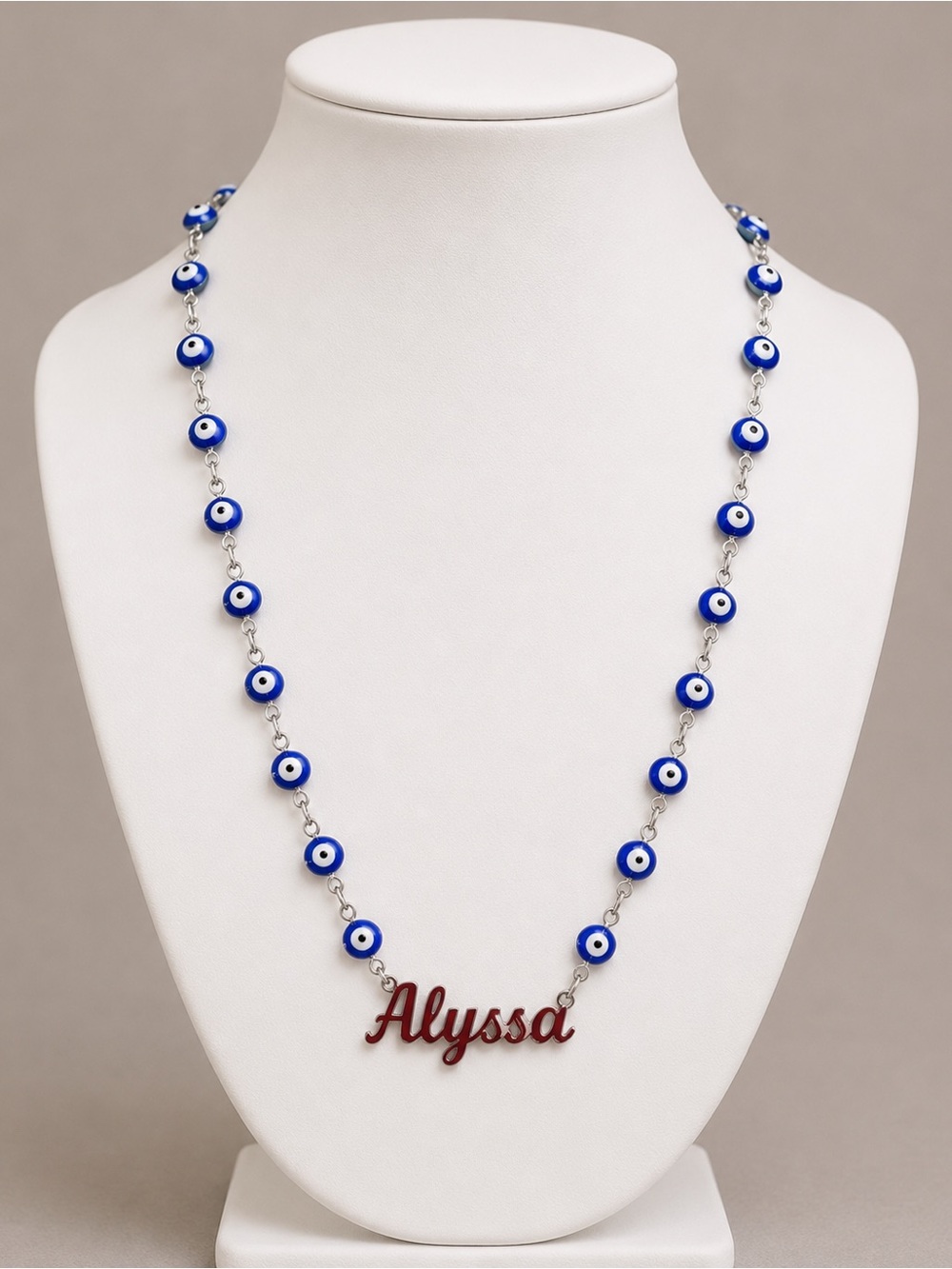 Custom Alyssa Name Necklace with Blue Evil Eye Beads